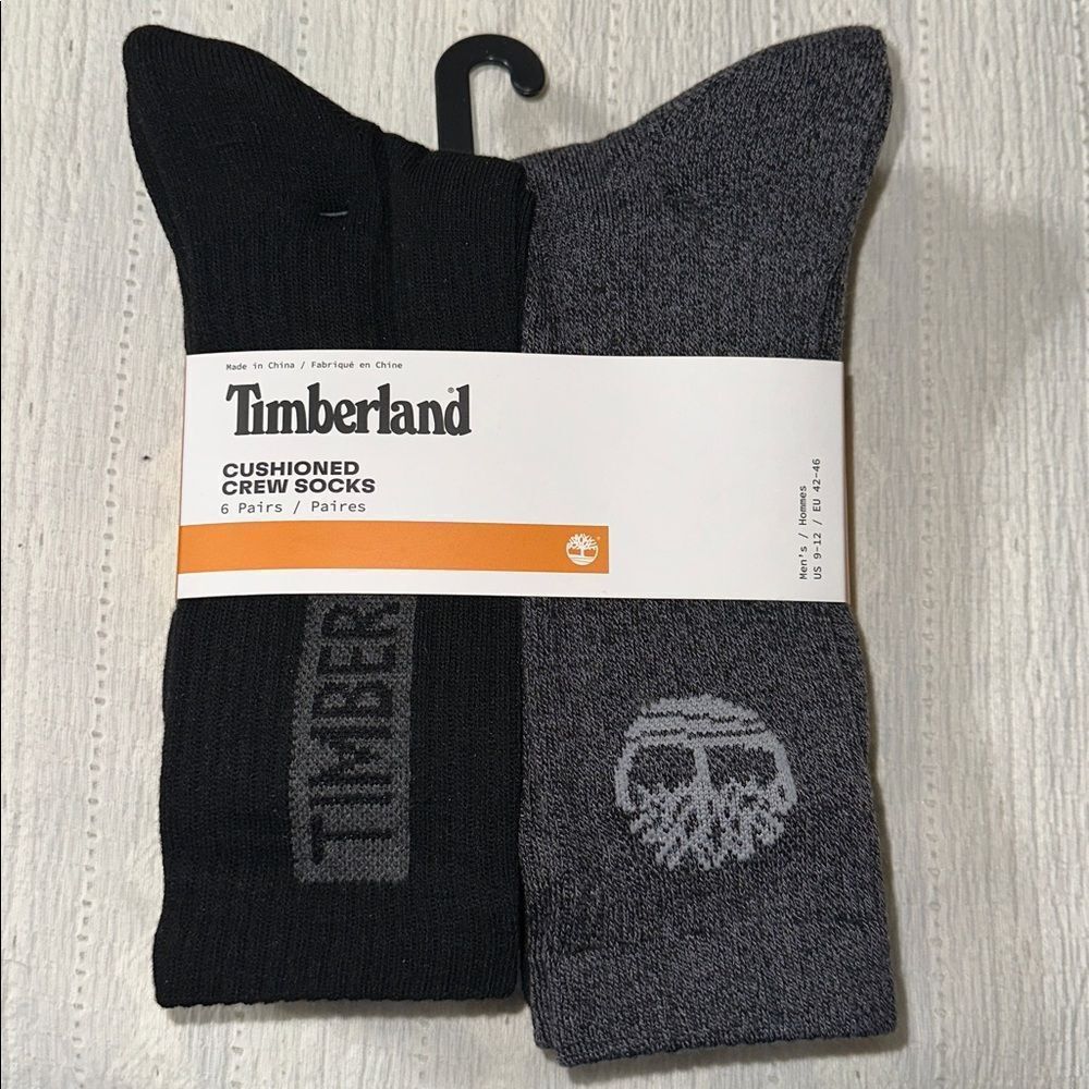 Timberland L 9-12 Silver Gray Black Performance Cushioned Crew Socks 6 pack